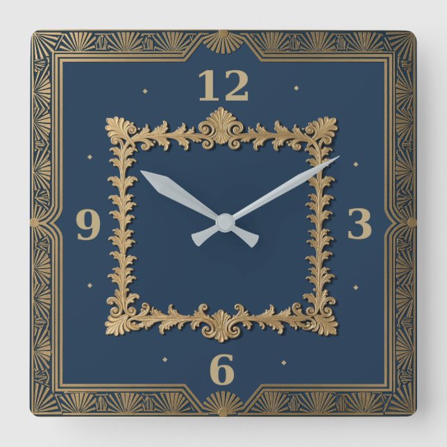 Art Deco Blau Quadratische Wanduhr (Vorderseite)