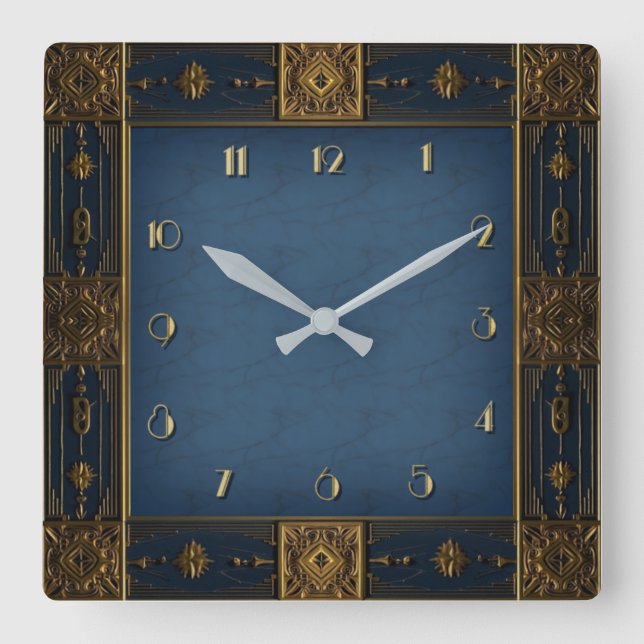 Art Deco Blau Quadratische Wanduhr (Vorderseite)
