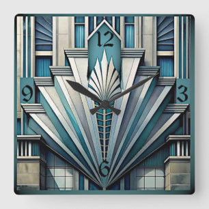 Art Deco Blau Quadratische Wanduhr