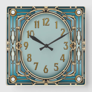 Art Deco Blau Quadratische Wanduhr