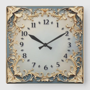 Art Deco Blau und Gold Quadratische Wanduhr