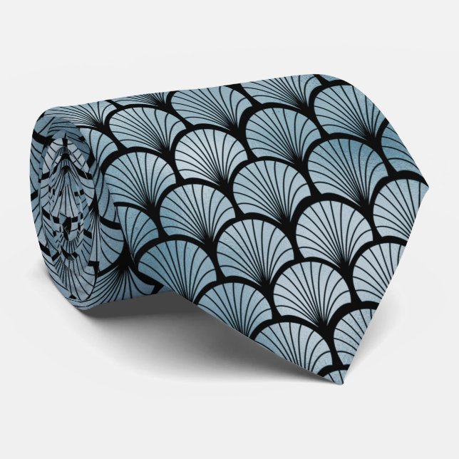 Art Deco Blau und schwarzes Lüftermuster Neck Tie Krawatte (Gerollt)