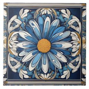 Art Deco Blau und Weiß Daisy Blume Jugendstil Fliese