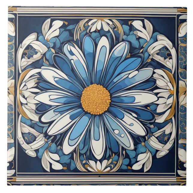 Art Deco Blau und Weiß Daisy Blume Jugendstil Fliese (Vorderseite)