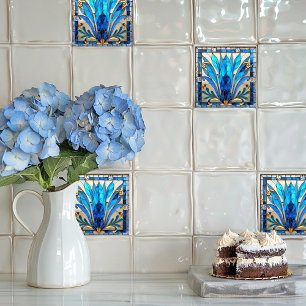 Art Deco Blau Weiße Goldene Blütenblätter  Fliese