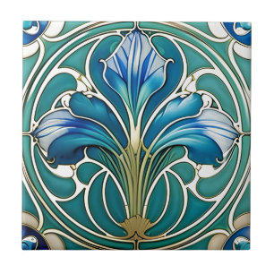 Art Deco Blaue stilisierte Lilie 2 Fliese