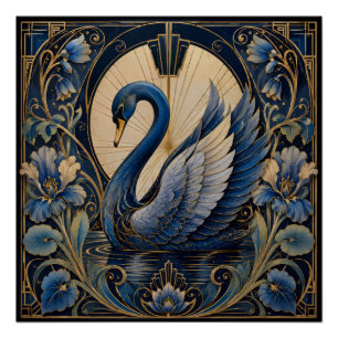 ART DECO BLAUER SCHWAN VINTAGE DEKORATIVES ACCES POSTER