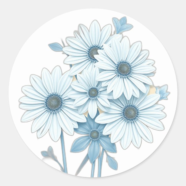 Art Deco Blue Daisy Blumenmuster Runder Aufkleber (Vorderseite)