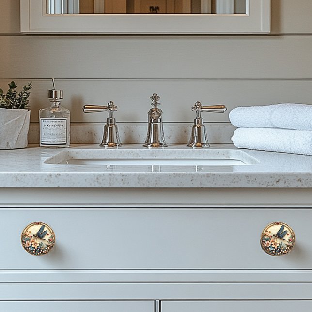 Art Deco Blue Dragonfly Pink Blume Perlen Keramikknauf (Von Creator hochgeladen)