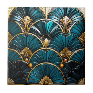 Art Deco Blue Feather Fans and Gold Accents 4.25 Fliese