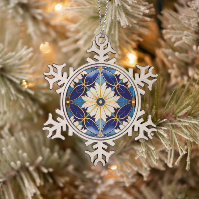 Art Deco Blue Gold Floral Muster Weihnachtsdekor Schneeflocken Zinn-Ornament (Baum)