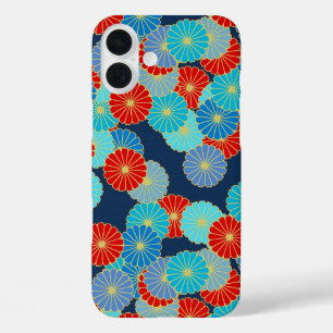 Art Deco Blume - blau, türkis und rot iPhone 16 Plus Hülle