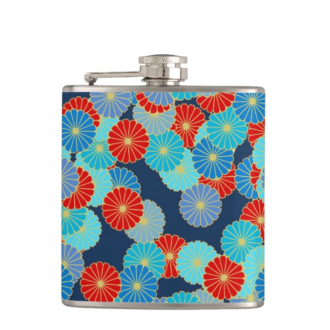 Art Deco Blume - blau, türkis und rot Flachmann (Vorderseite)