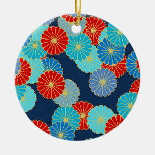 Art Deco Blume - blau, türkis und rot Keramik Ornament