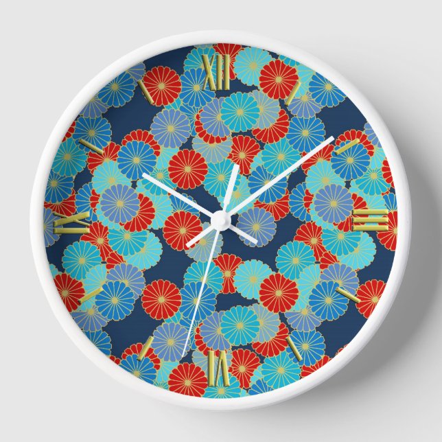 Art Deco Blume - blau, türkis und rot Uhr (Vorderseite)