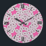 Art-Deco-Blume Große Wanduhr<br><div class="desc">Ein Art-Deco-Muster,  das auf einem traditionellen,  stilisierten Chrysanthemum-Muster basiert,  das in japanischen Textilien verwendet wird,  in cremeweißem Weiß,  schwarz umrissen mit tiefrosa Hintergrund</div>
