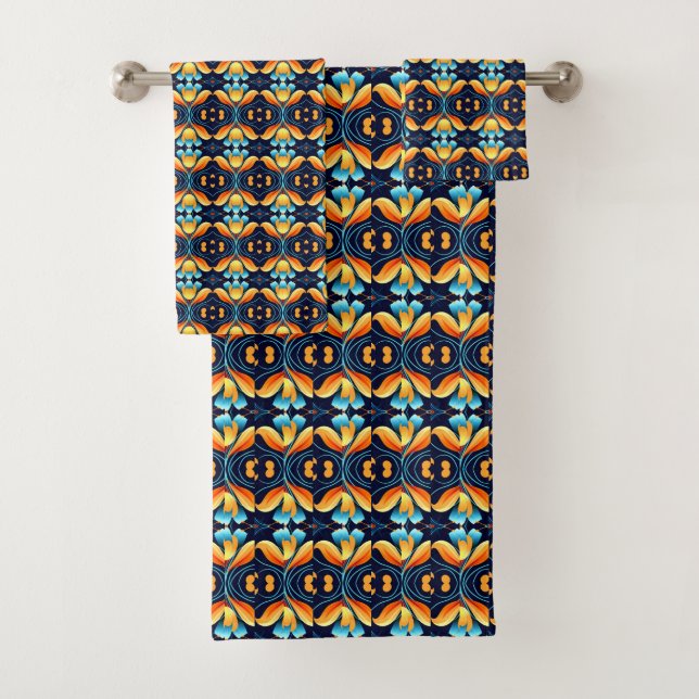 Art-Deco-Blume in Orange Badhandtuch Set (Insitu)