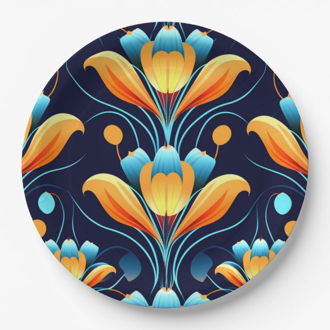 Art-Deco-Blume in Orange Pappteller (Vorderseite)