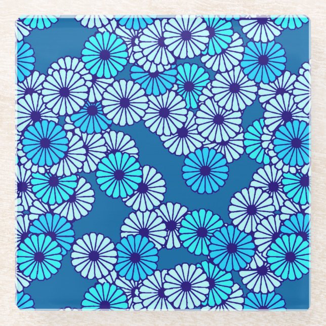 Art Deco Blume Muster - Blautöne Glasuntersetzer (Vorderseite)