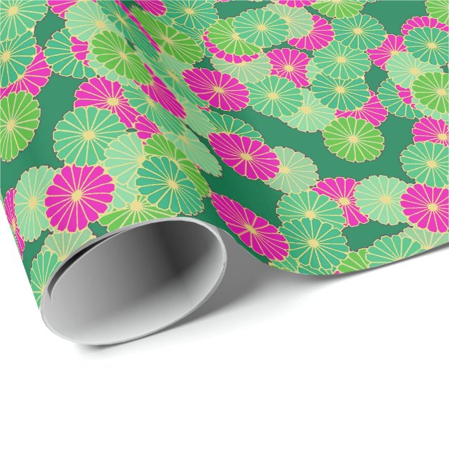Art Deco Blume Muster - Grüntöne, Fuchsia Geschenkpapier (Rolleneckpunkt)