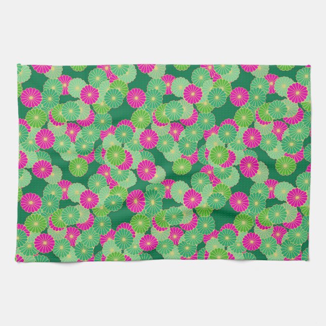 Art Deco Blume Muster - Grüntöne, Fuchsia Geschirrtuch (Horizontal)