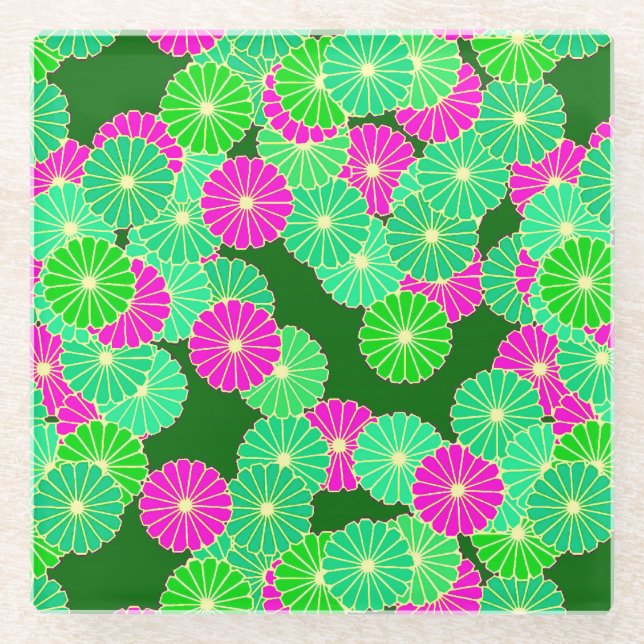 Art Deco Blume Muster - Grüntöne, Fuchsia Glasuntersetzer (Vorderseite)