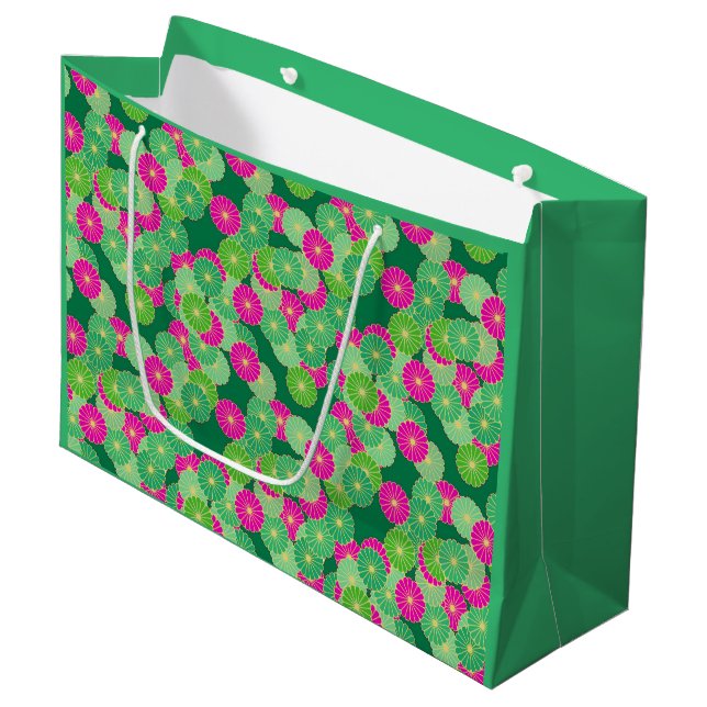 Art Deco Blume Muster - Grüntöne, Fuchsia Große Geschenktüte (Vorderseite Schrägansicht)