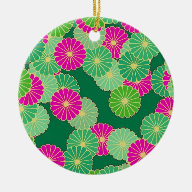 Art Deco Blume Muster - Grüntöne, Fuchsia Keramik Ornament (Vorne)
