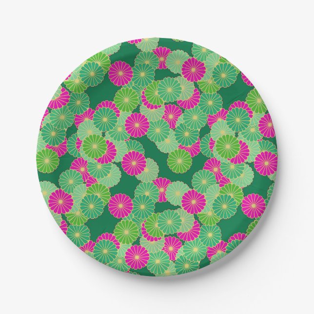 Art Deco Blume Muster - Grüntöne, Fuchsia Pappteller (Vorderseite)