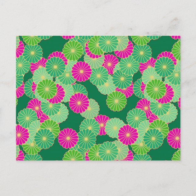 Art Deco Blume Muster - Grüntöne, Fuchsia Postkarte (Vorderseite)