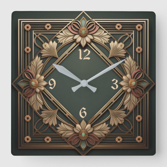 Art Deco Blume Quadratische Wanduhr (Vorderseite)