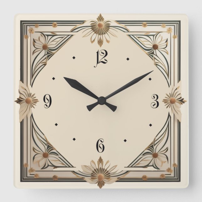 Art Deco-Blume Quadratische Wanduhr (Vorderseite)