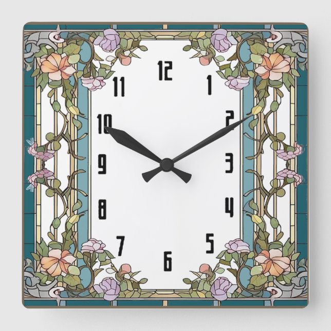 Art Deco-Blume Quadratische Wanduhr (Vorderseite)