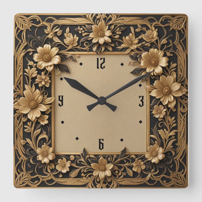 Art Deco-Blume Quadratische Wanduhr (Vorderseite)