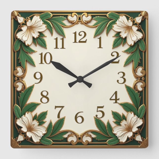 Art Deco-Blume Quadratische Wanduhr (Vorderseite)