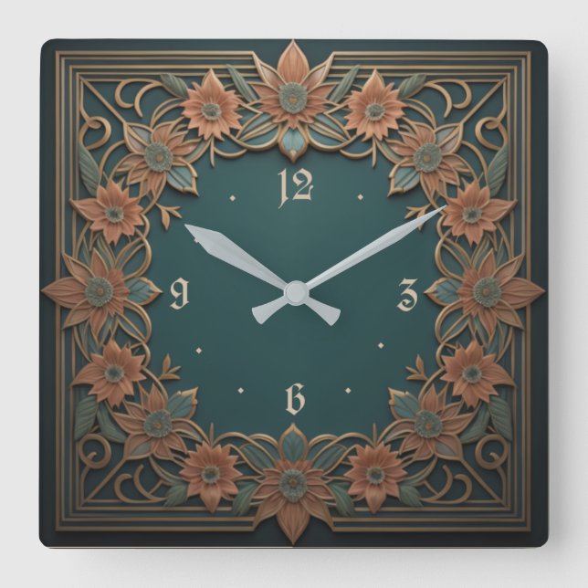Art-Deco-Blume Quadratische Wanduhr (Vorderseite)