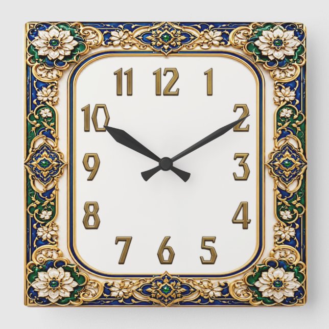 Art Deco-Blume Quadratische Wanduhr (Vorderseite)