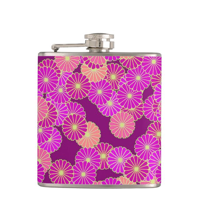 Art-Déco-Blume - Violett-, Korallenfarben Flachmann (Vorderseite)