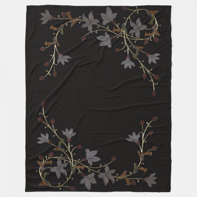 Art Deco Blumen auf Schwarz Fleecedecke (Vorderseite)