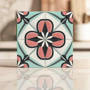 Art Deco Blumendesign in Rosa, Schwarz und Minze Fliese