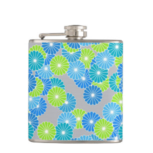 Art Deco Blumenmuster - blau und limettengrün Flachmann