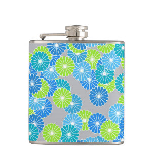 Art Deco Blumenmuster - blau und limettengrün Flachmann