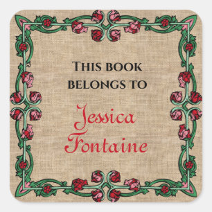 Art Deco Blumenrahmen Rosa Rosa Grün Personalisier Quadratischer Aufkleber