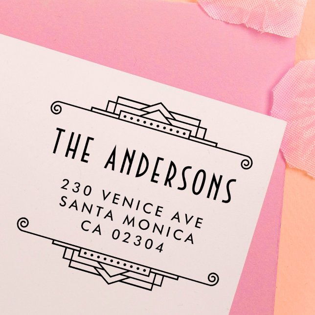 Art Deco Border Custom Family Name Rücksendeadress Gummistempel (Von Creator hochgeladen)