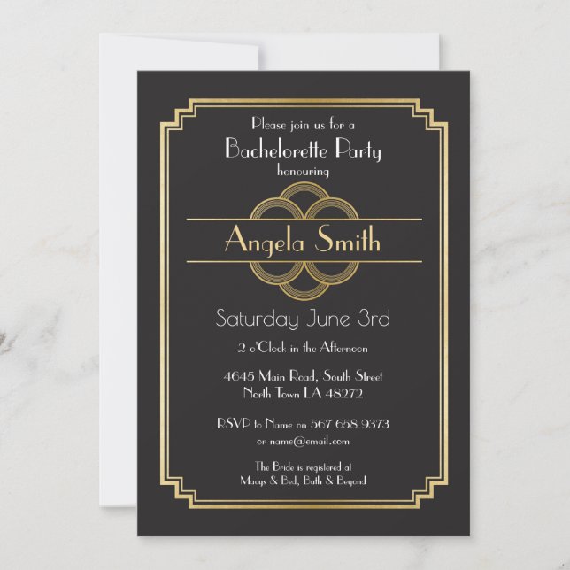 Art Deco Brautparty Junggeselinnen-Abschied der 20 Einladung (Vorderseite)