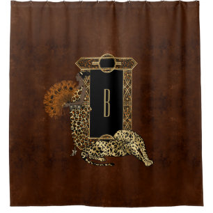 Art Deco Brawn Gold Leopard Monogramm Duschvorhang