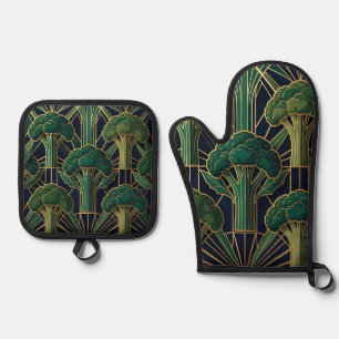 Art Deco Brokkolimuster Ofenhandschuh & Topflappen-Set