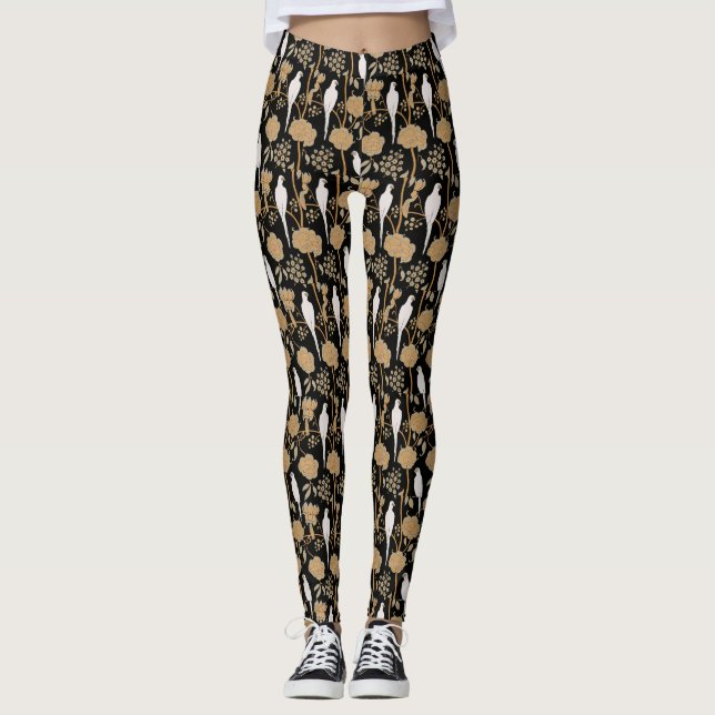 ART DECO BROWN BLUME, WEISSE PARRONEN AUF SCHWARZ LEGGINGS (Vorderseite)