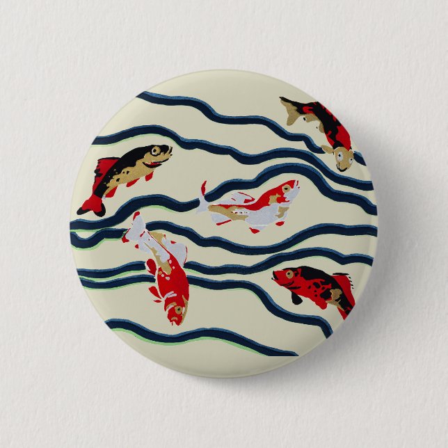 Art Deco Bunte Karpfen Schwimmen Marine Dekor Button (Vorderseite)