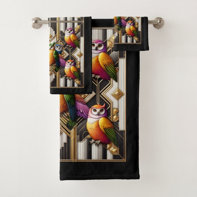 Art Deco Bunter Uhu Badhandtuch Set (Insitu)